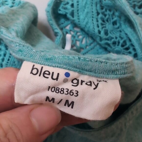 Bleu Gray Crochet Tshirt Sheer Shoulder Cap Sleeve Turquoise Summer Top - Picture 7 of 9